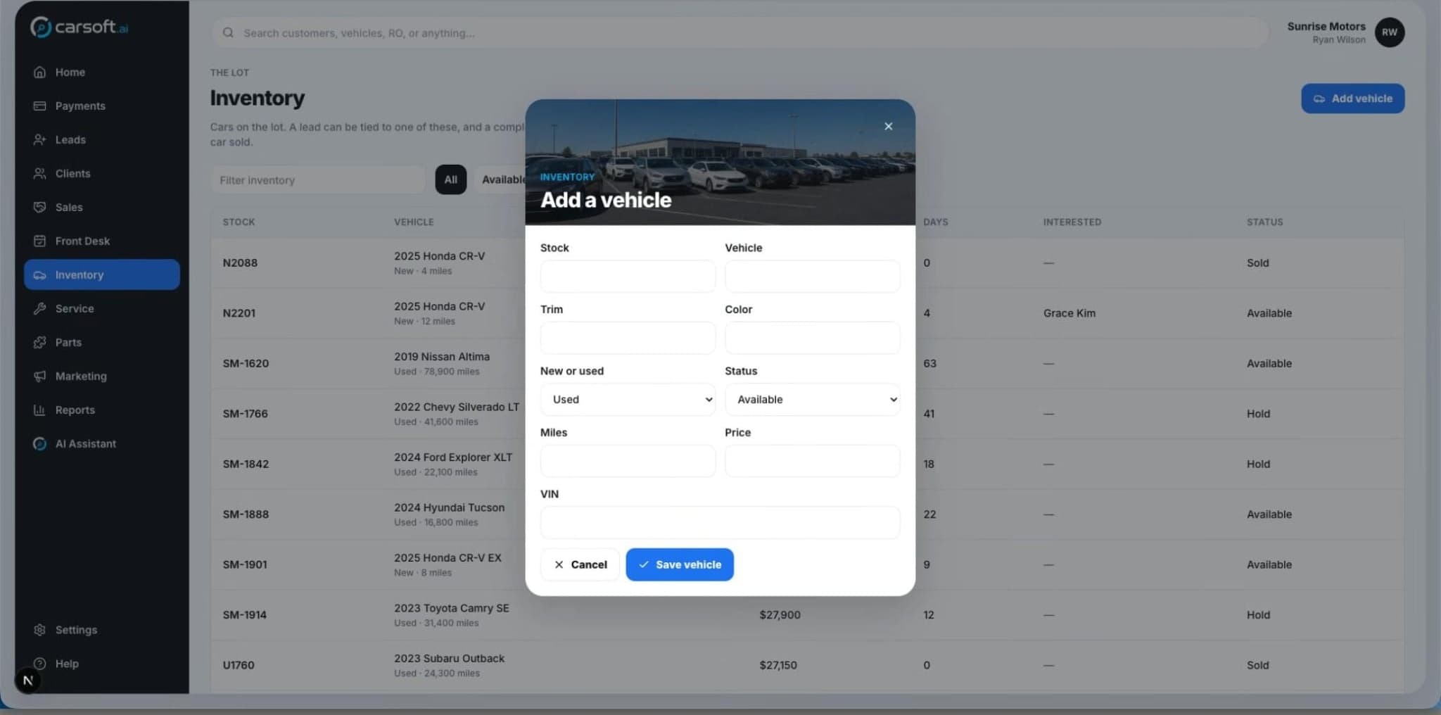 Carsoft inventory interface showing the add vehicle workflow without browser controls